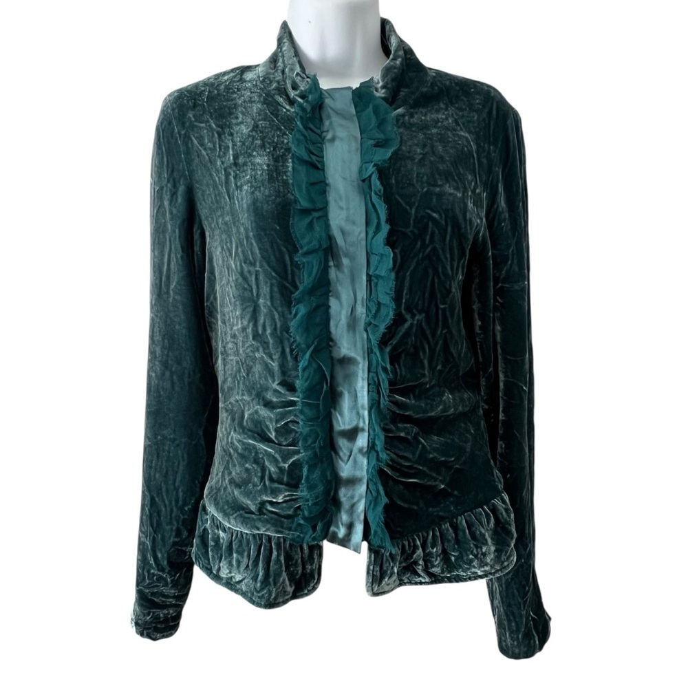 Sheri Bodell Silk Velvet Ruffle Blazer Jacket Teal Blue Steampunk Regency Small